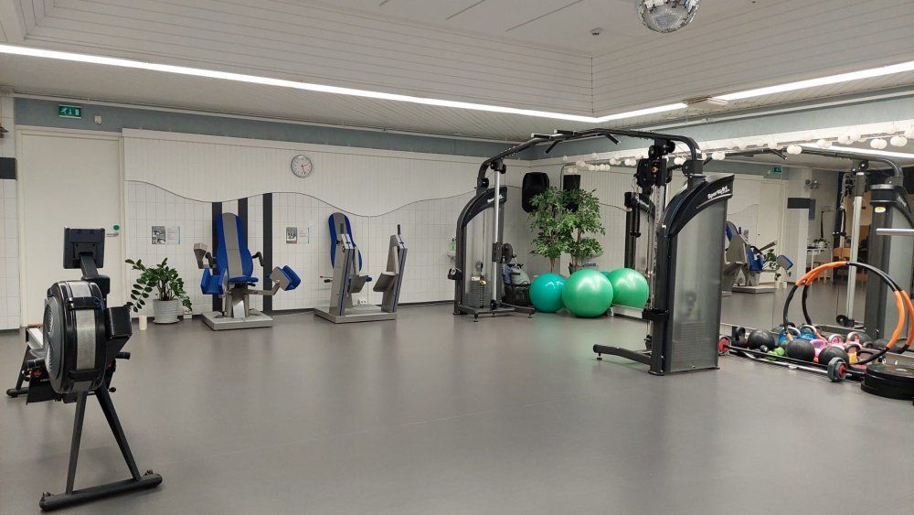 Kuntosalin treenivälineitä: soutulaite, kuntoilulaitteet, jumppapallot.