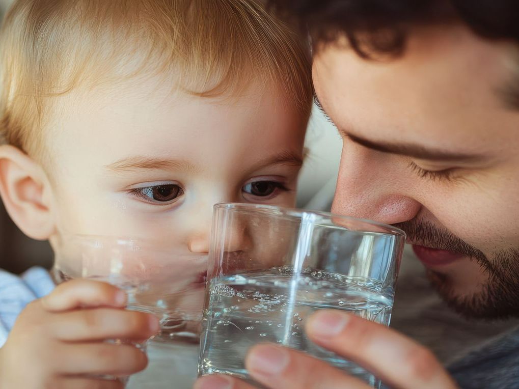 Papa et son bébé avec deux verres d'eau 