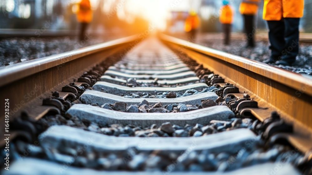 Eisenbahnschienen mit Arbeitern in orangefarbener Schutzkleidung in der Ferne im Morgengrauen
