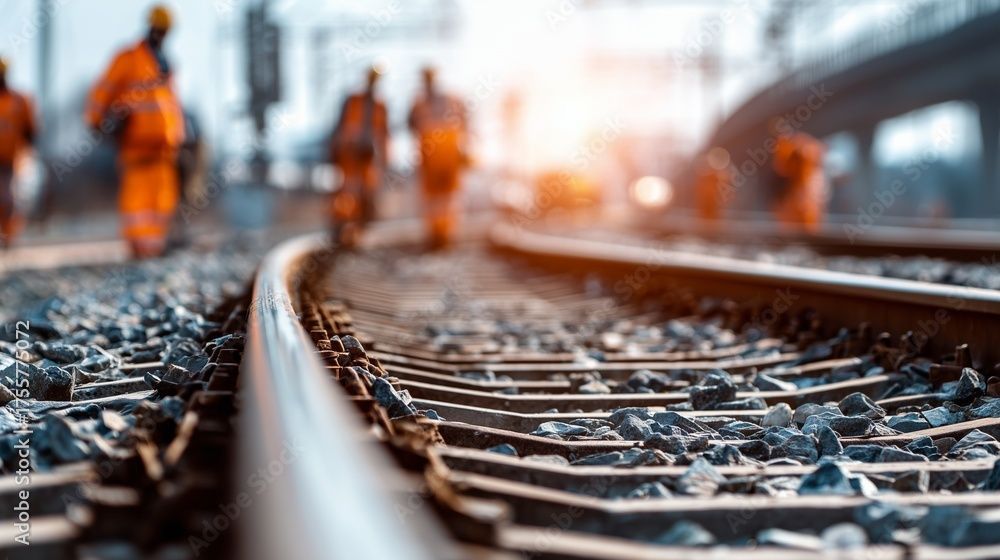 Eisenbahnschienen im Bau, im Hintergrund Arbeiter in orangefarbener Schutzkleidung.