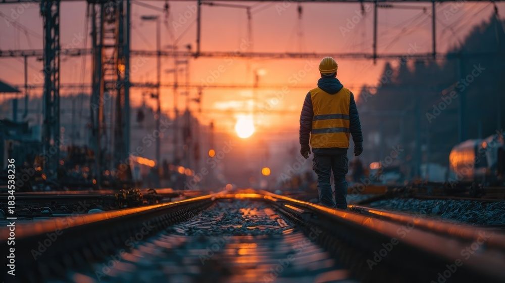 Ein Arbeiter geht bei Sonnenuntergang auf Bahngleisen; im Hintergrund sind der orangefarbene Himmel und die verschwommenen Lichter der Stadt zu sehen.