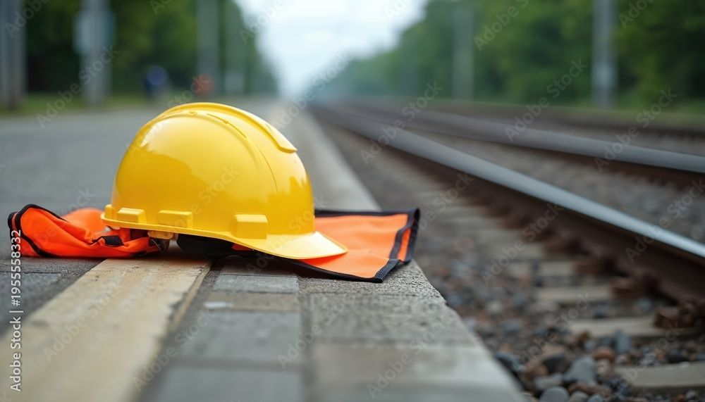 Gelber Schutzhelm und orangefarbene Sicherheitsweste auf einem Bahnsteig neben Bahngleisen.