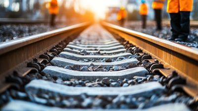Eisenbahnschienen mit Arbeitern in orangefarbener Schutzkleidung in der Ferne im Morgengrauen