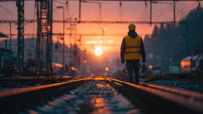 Ein Arbeiter geht bei Sonnenuntergang auf Bahngleisen; im Hintergrund sind der orangefarbene Himmel und die verschwommenen Lichter der Stadt zu sehen.