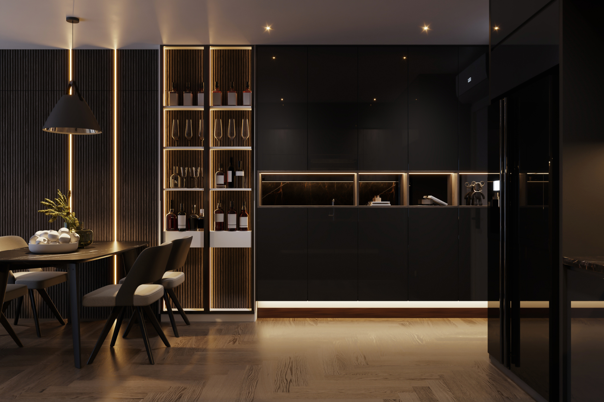 Une allée en pierre bordée d'arbres et de colonnes dans un parc.