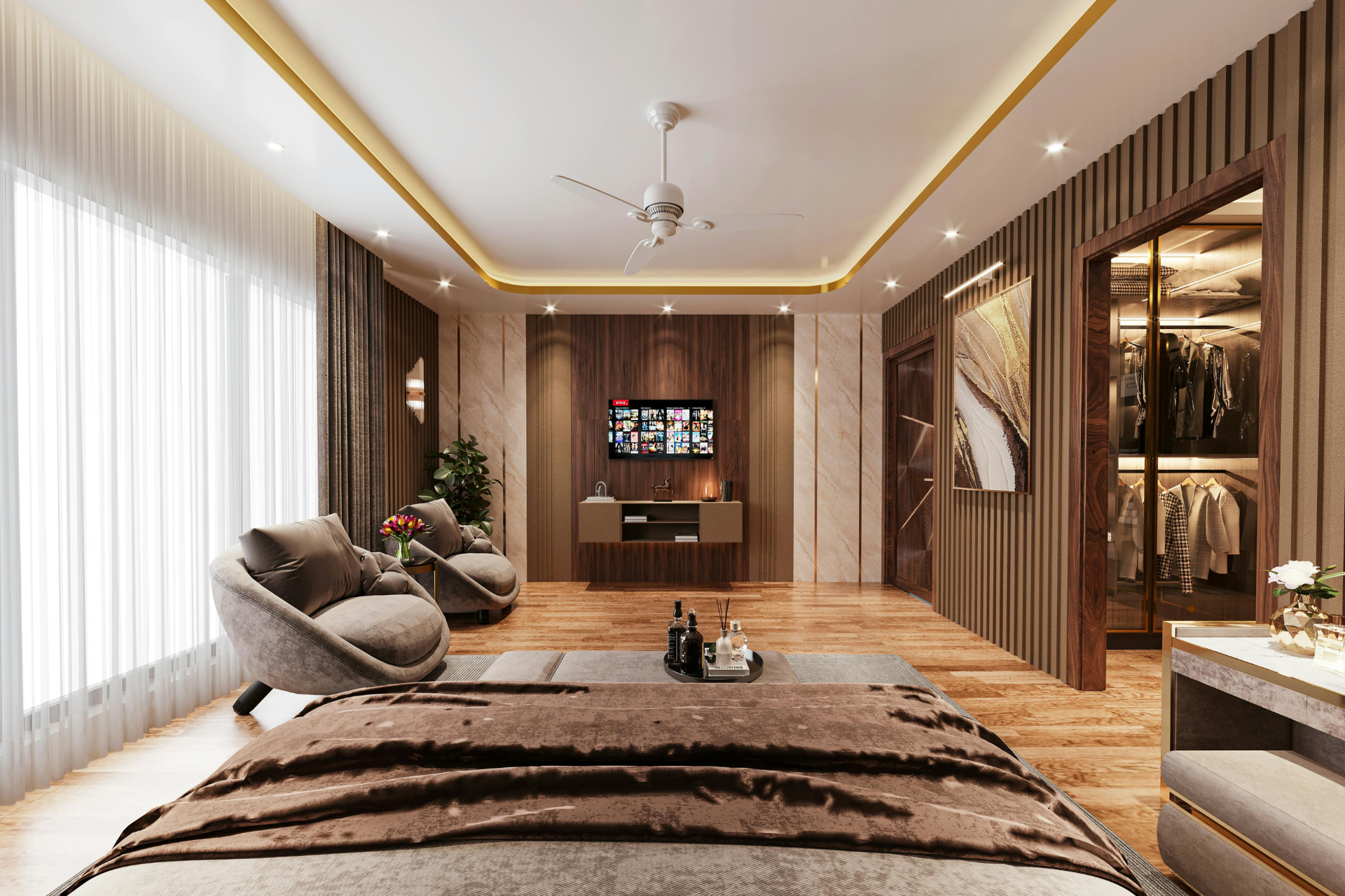 Une allée en pierre bordée d'arbres et de colonnes dans un parc.