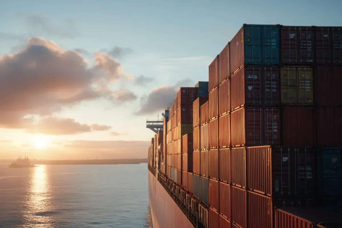 Cajas de madera apiladas en un almacén; al fondo se ve una carretilla elevadora.