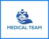 Logotipo de un equipo m&eacute;dico con figuras, mano y latidos. Dise&ntilde;o con degradado azul.