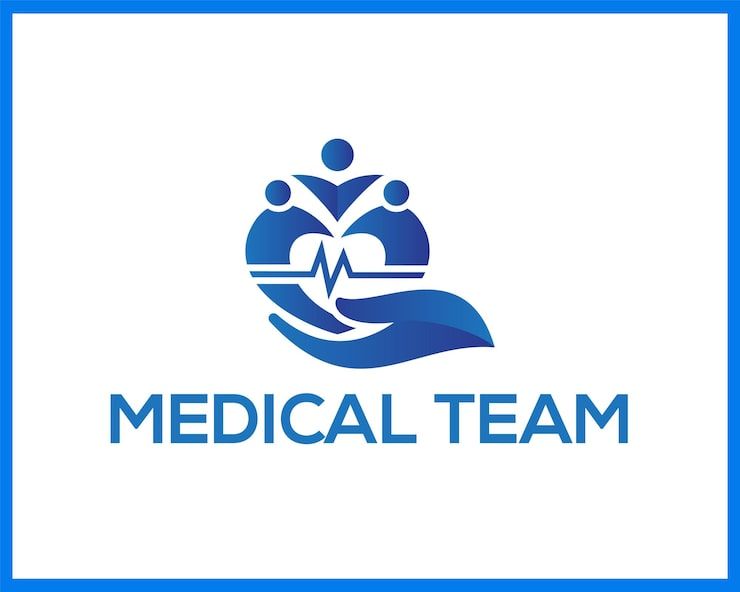 Logotipo de un equipo m&eacute;dico con figuras, mano y latidos. Dise&ntilde;o con degradado azul.