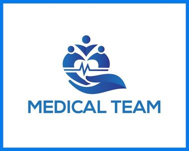 Logotipo de un equipo m&eacute;dico con figuras, mano y latidos. Dise&ntilde;o con degradado azul.