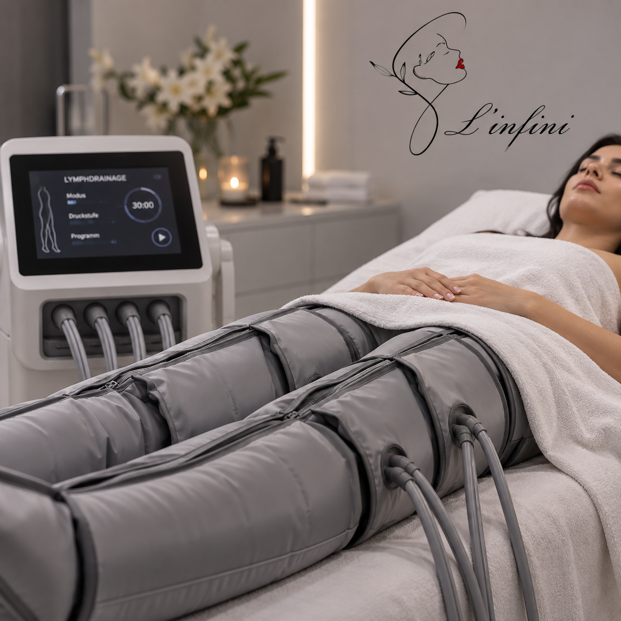 Eine Person, die auf einer Spa-Liege eine Schultermassage erhält, wobei die Hände auf Rücken und Schultern ruhen.