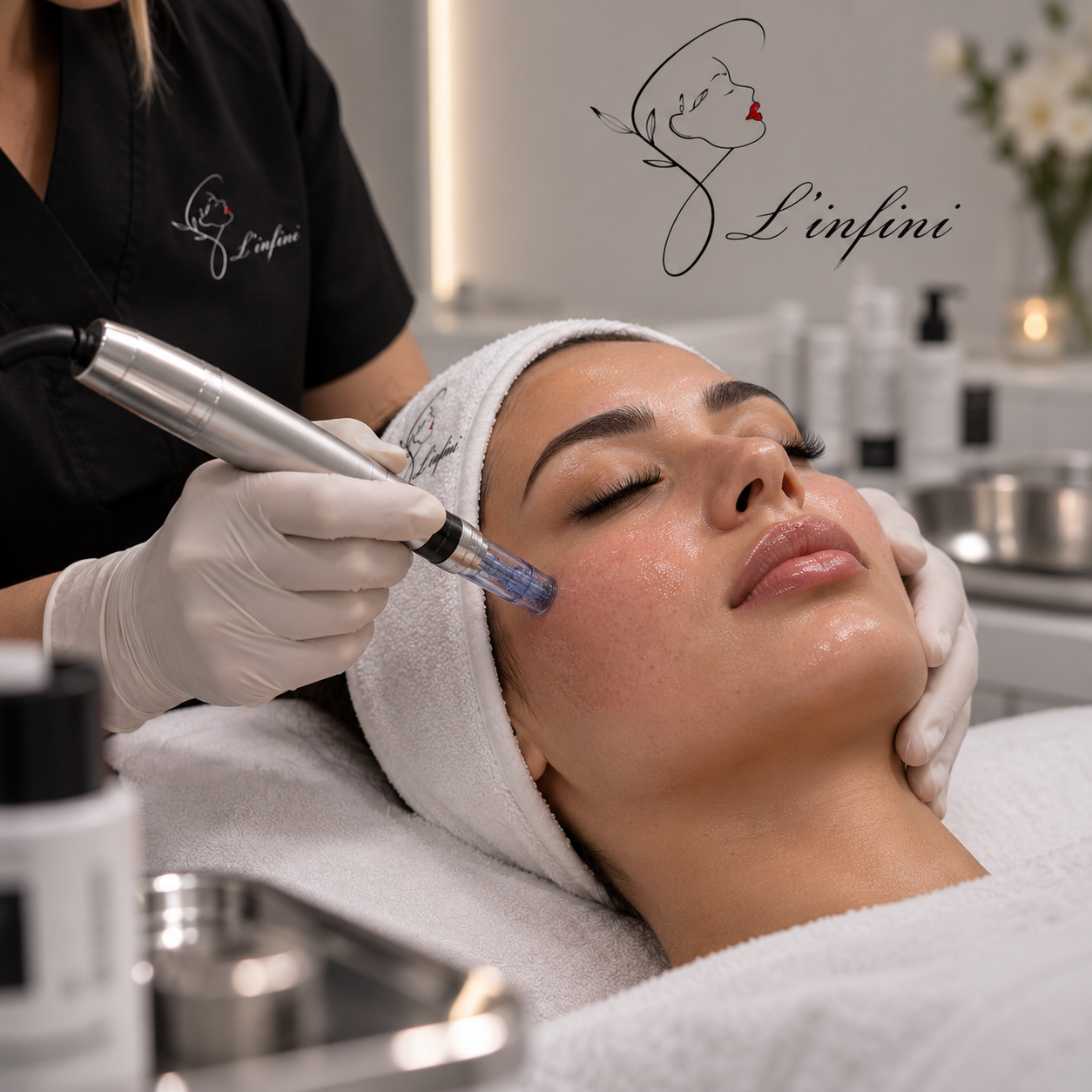 Werbegrafik für eine Bio-Microneedling-Gesichtsbehandlung mit zartrosa Hintergrund und Hautpflege-Branding.