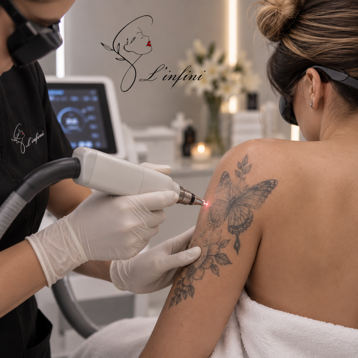 Eine mit schwarzen Handschuhen bekleidete Hand benutzt eine Tätowiernadel auf der Haut neben einem schwarzen Stammes-Tattoo.