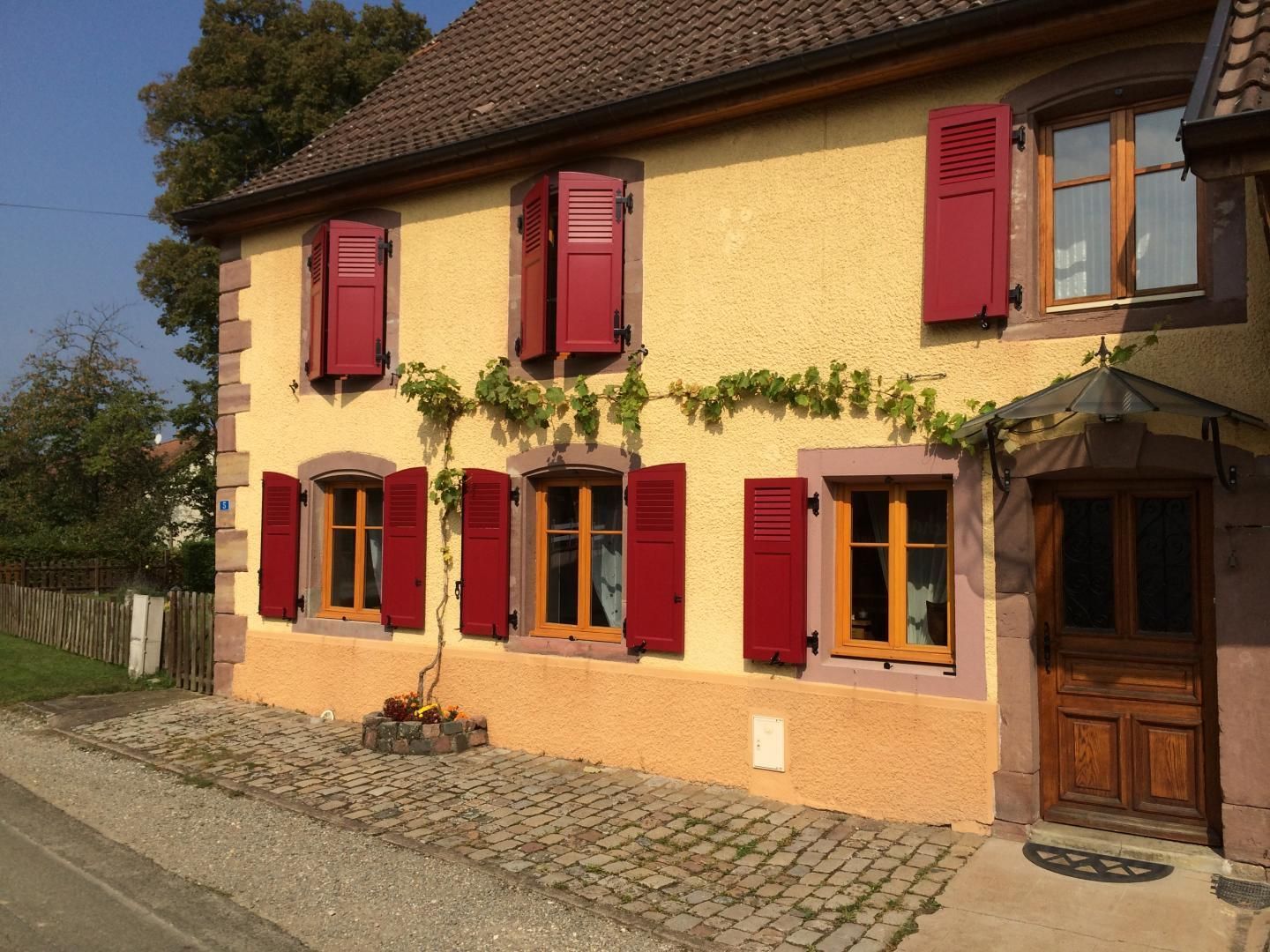Maison jaune aux volets rouges et à la porte en bois marron. Des vignes grimpent le long du mur.