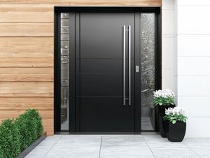 Ouverture en pierre cintrée avec une porte vitrée à cadre noir.