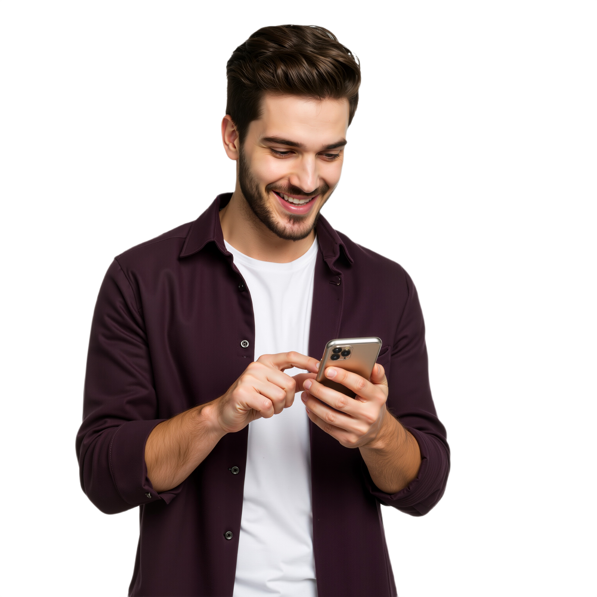 Un homme souriant, regardant son téléphone, portant une chemise blanche et une chemise bordeaux à boutons.