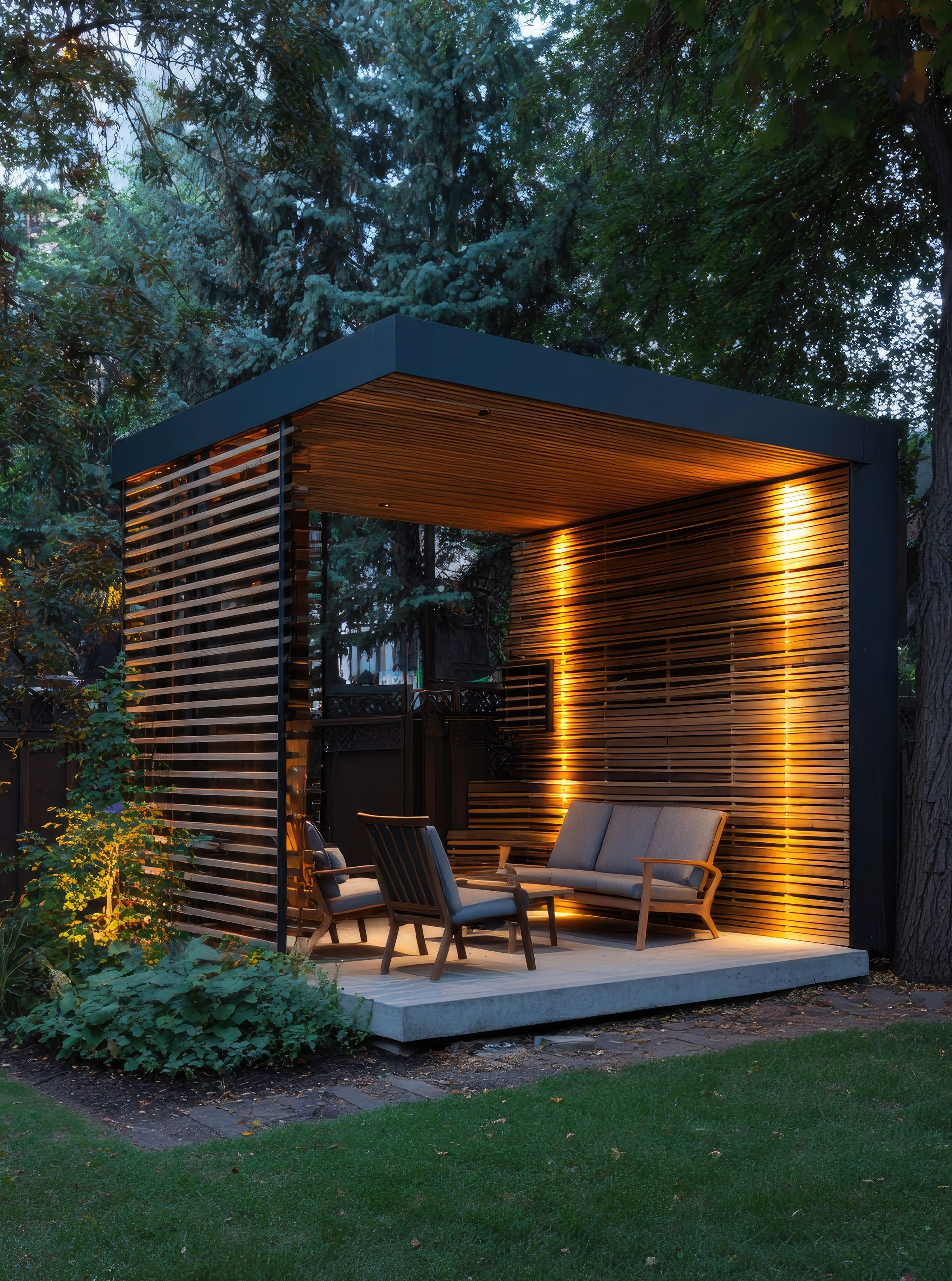Salon de jardin moderne avec lattes de bois, éclairé de l'intérieur, avec sièges, installé dans une cour.