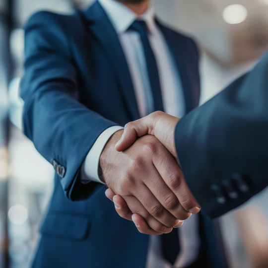 Deux hommes d'affaires en costume se serrent la main, en intérieur.