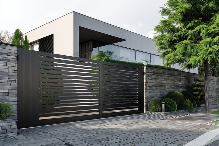 Portail coulissant gris foncé devant une maison moderne avec abri de voiture et allée.