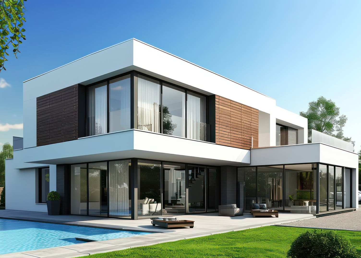 Maison moderne à étage avec grandes fenêtres, piscine et pelouse verte par une journée ensoleillée.