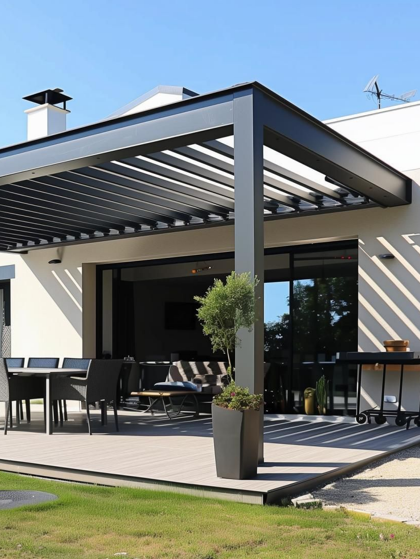 Terrasse extérieure moderne avec pergola et mobilier de jardin, adossée à une maison blanche.