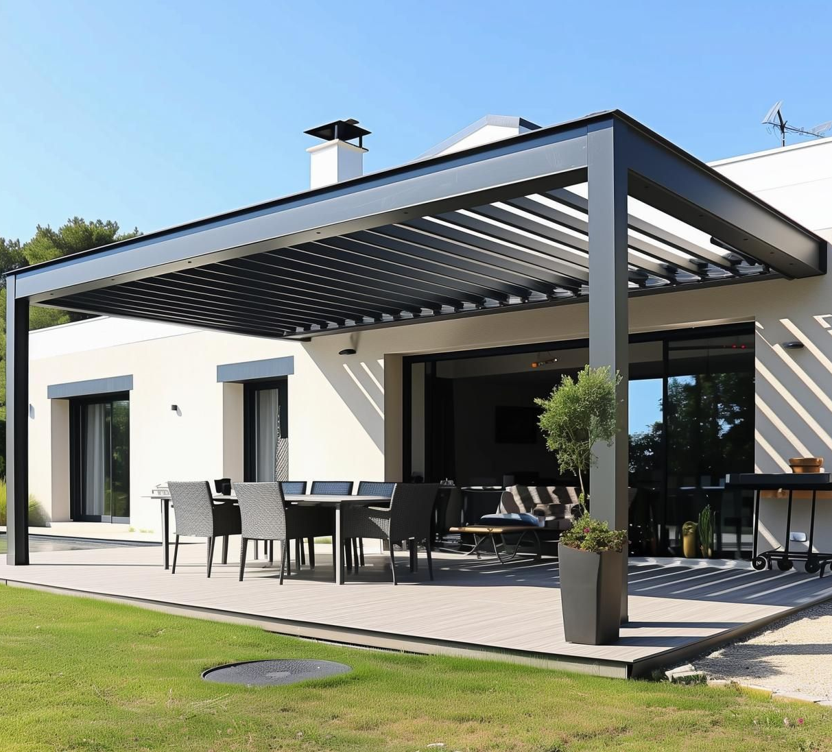 Patio moderne avec une pergola gris foncé, un ensemble de salle à manger et une plante en pot. Journée ensoleillée.
