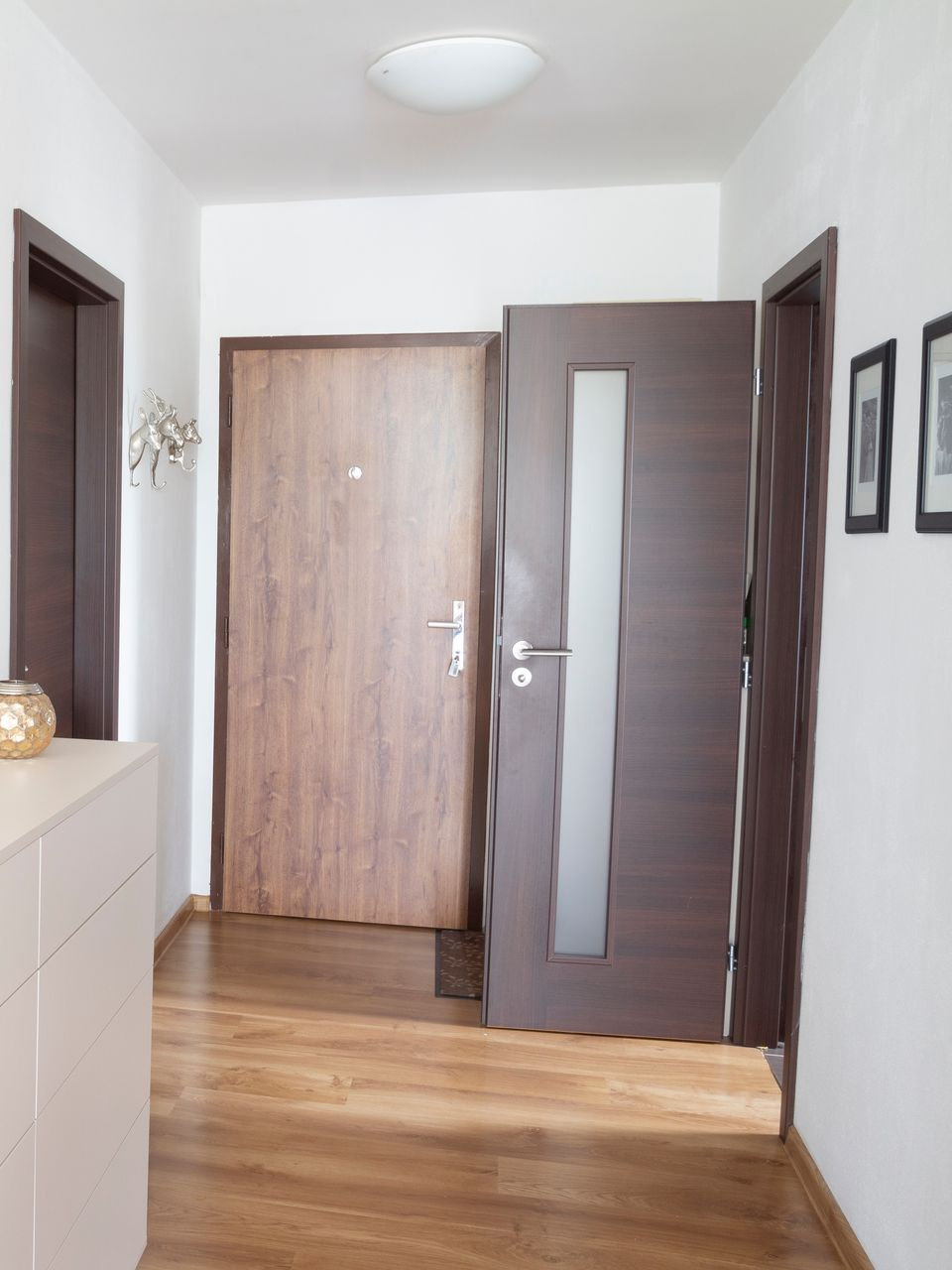 Couloir avec trois portes marron, parquet, murs blancs. Un plafonnier éclaire l'espace.