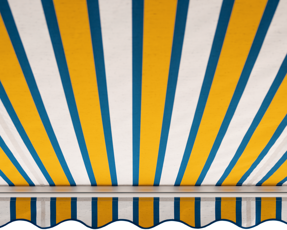 Store rayé jaune, blanc et turquoise, à bord festonné.