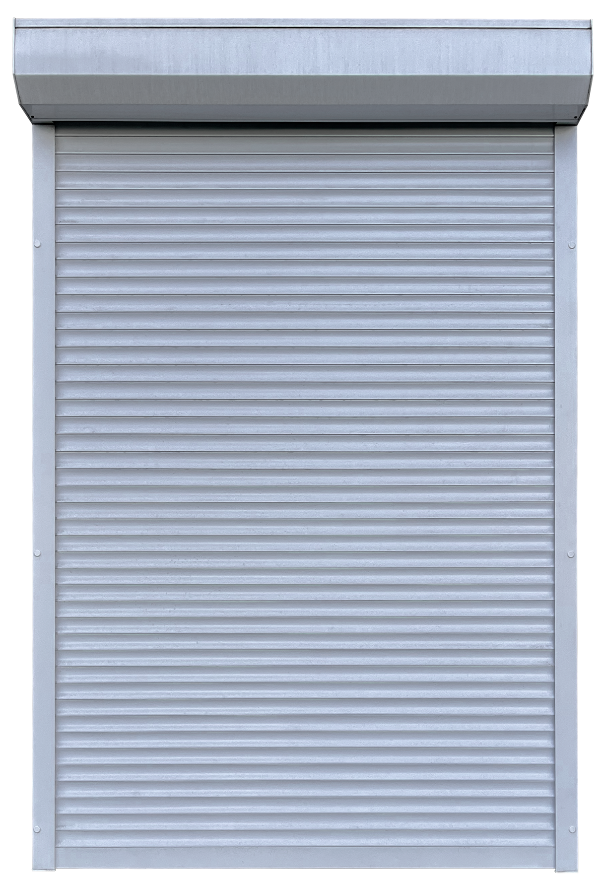 Volet roulant de sécurité gris, recouvrant une porte ou une fenêtre.