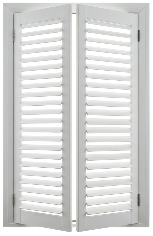 Volets blancs à persiennes, ouverts, sur un cadre de fenêtre