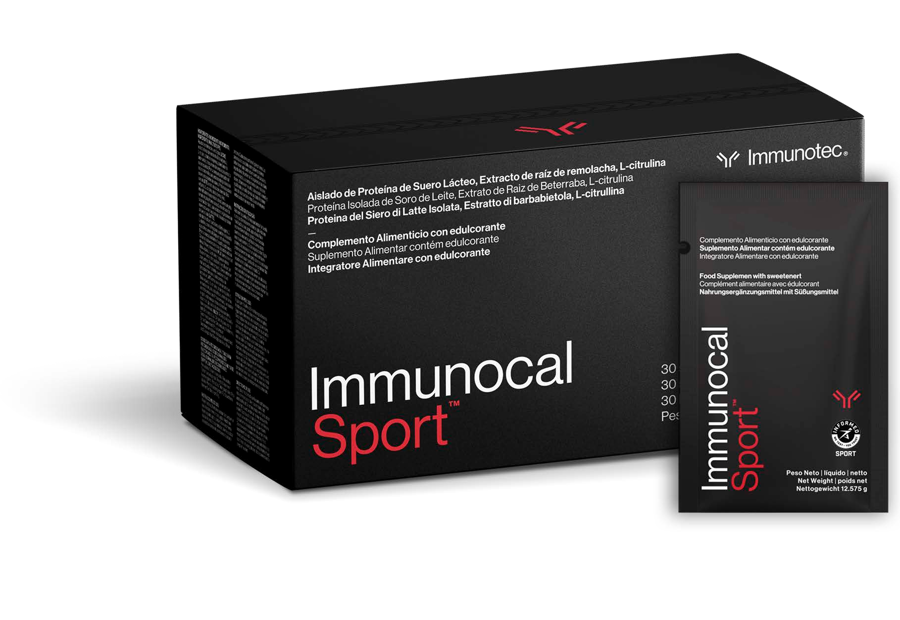 Caja de suplementos Immunocal Sport en embalaje negro y rojo, con un único paquete al lado.