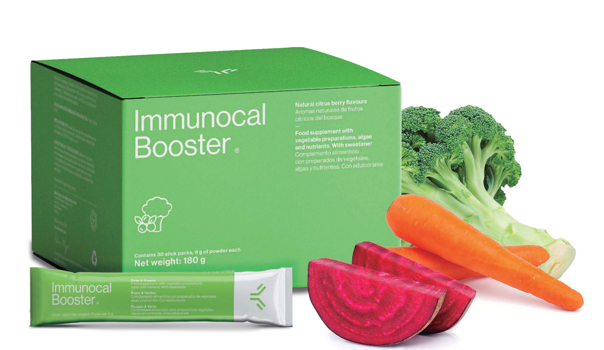 Caja verde de Immunocal Booster con un solo paquete y verduras: brócoli, zanahoria y remolacha.