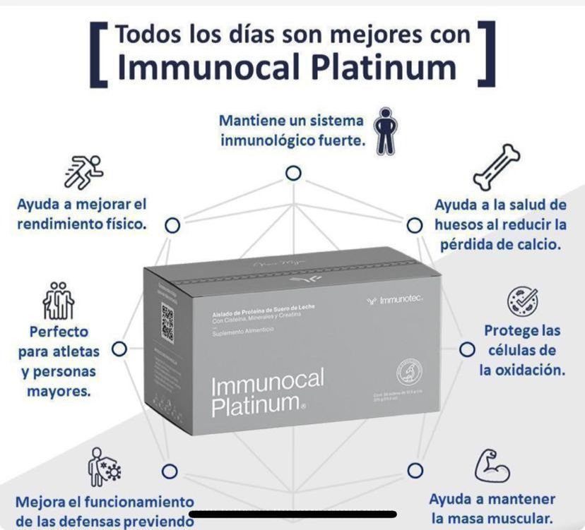 Caja del suplemento Immunocal Platinum con texto que describe sus beneficios. Incluye iconos de personas, huesos, músculos y el sistema inmunitario.