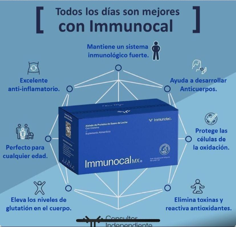 Anuncio de Immunocal, un producto, mostrando una caja con beneficios: sistema inmunológico más fuerte, antiinflamatorio, desarrolla anticuerpos, protege las células, elimina toxinas.