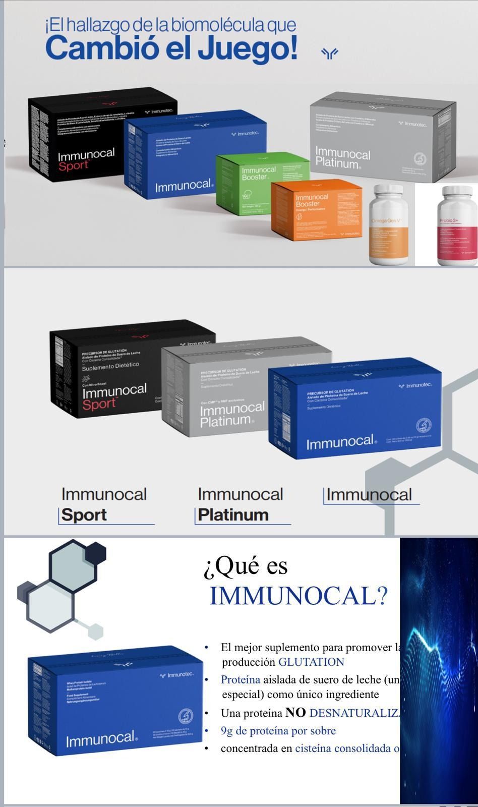 Gráfico promocional de los productos Immunocal. Presenta cajas de diferentes colores, un diagrama y un texto que pregunta 