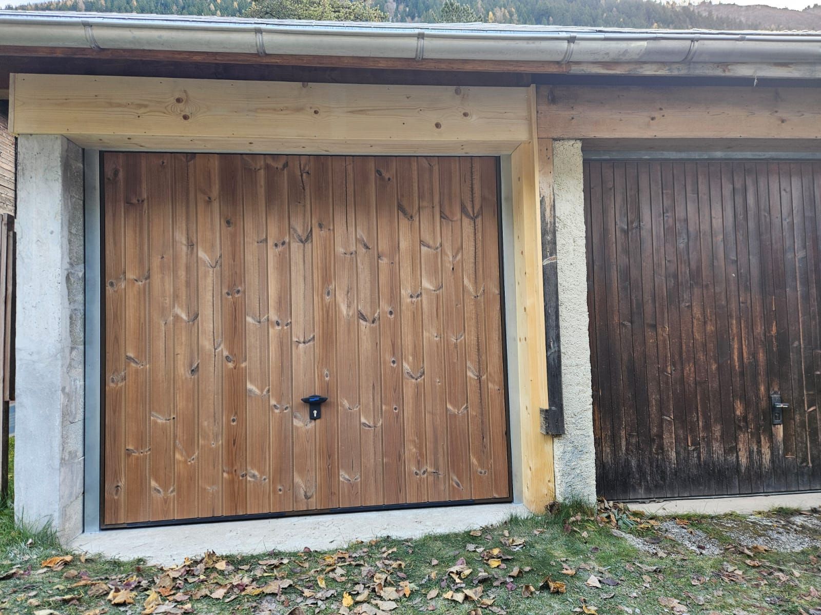 Deux portes de garage en bois sur un mur en béton, l'une marron clair et l'autre marron foncé, avec des feuilles au sol.