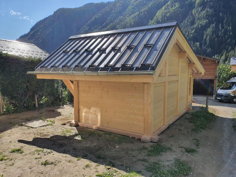 Petite cabane en bois avec un toit en métal sombre dans un cadre montagneux