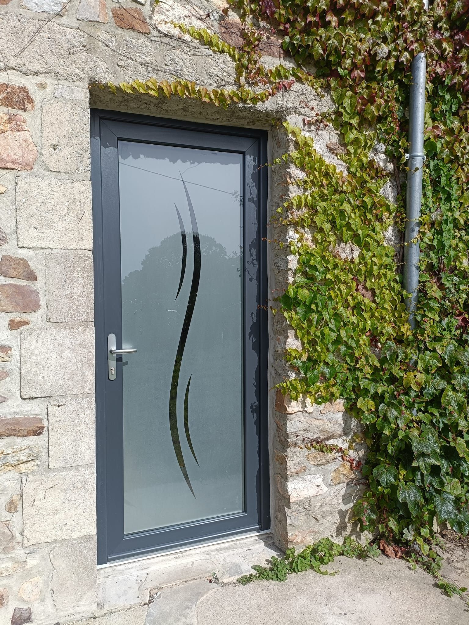 Porte en verre dépoli gris encastrée dans un mur de pierre, bordée de vignes vertes.