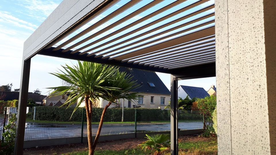 Pergola moderne à toit à claire-voie au-dessus d'un petit palmier dans un jardin paysager près de maisons de banlieue