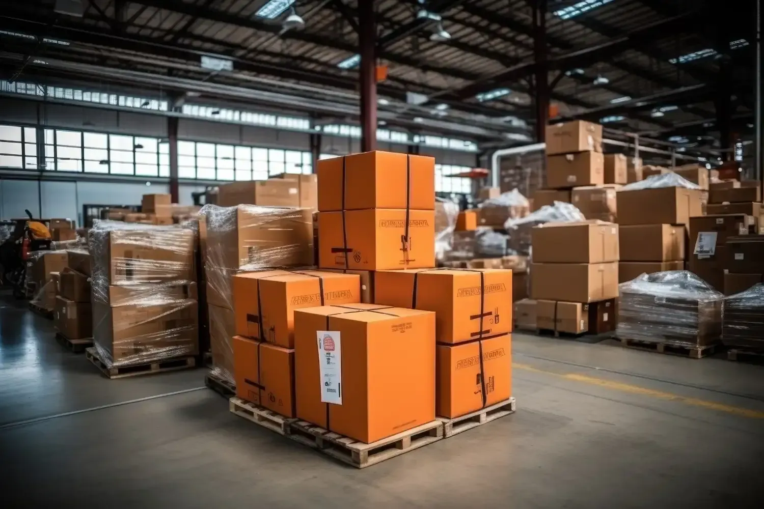 Interior de almacén con cajas de cartón apiladas sobre palets.