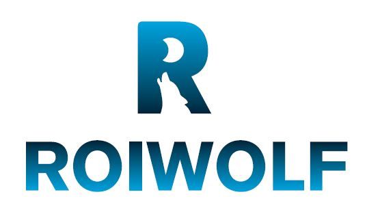 Logotipo azul con "R" que contiene la silueta de un lobo aullando bajo la luna; "ROIWOLF" debajo.