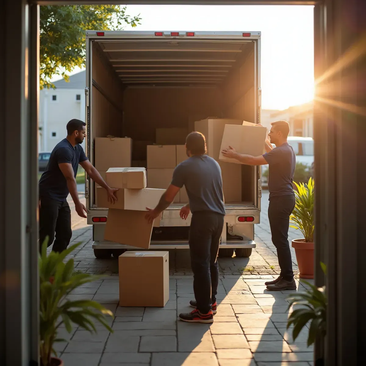 Tres trabajadores cargan cajas de cartón en un camión de mudanzas en un día soleado.