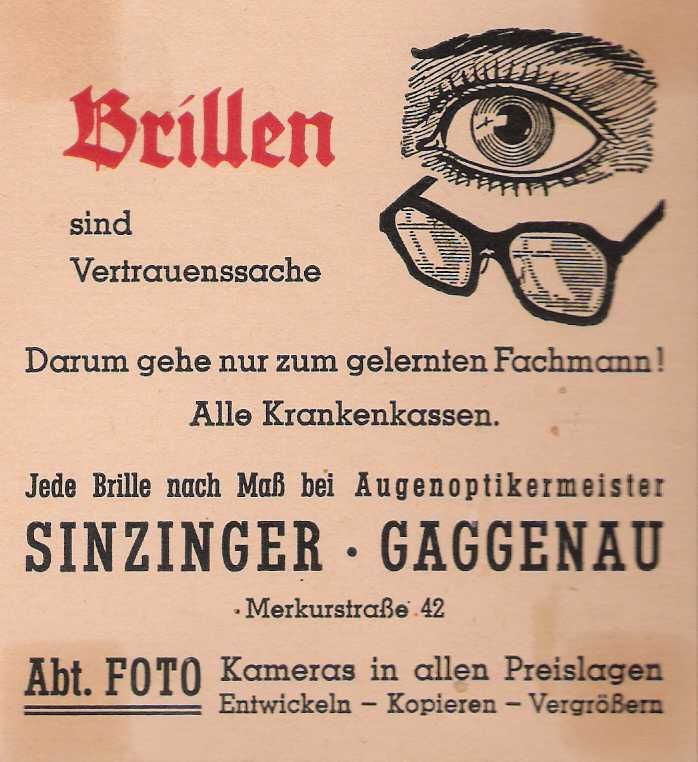 Werbung für Augenoptikermeister Sinzinger in Gaggenau, Merkurstraße 42, mit Brillen und Fotoabteilung