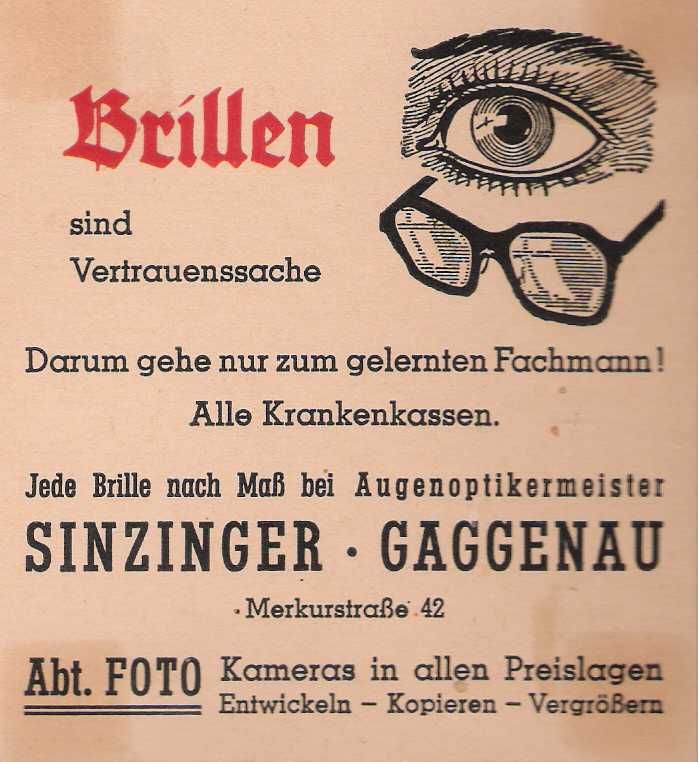 Werbung für Augenoptikermeister Sinzinger in Gaggenau, Merkurstraße 42, mit Brillen und Fotoabteilung