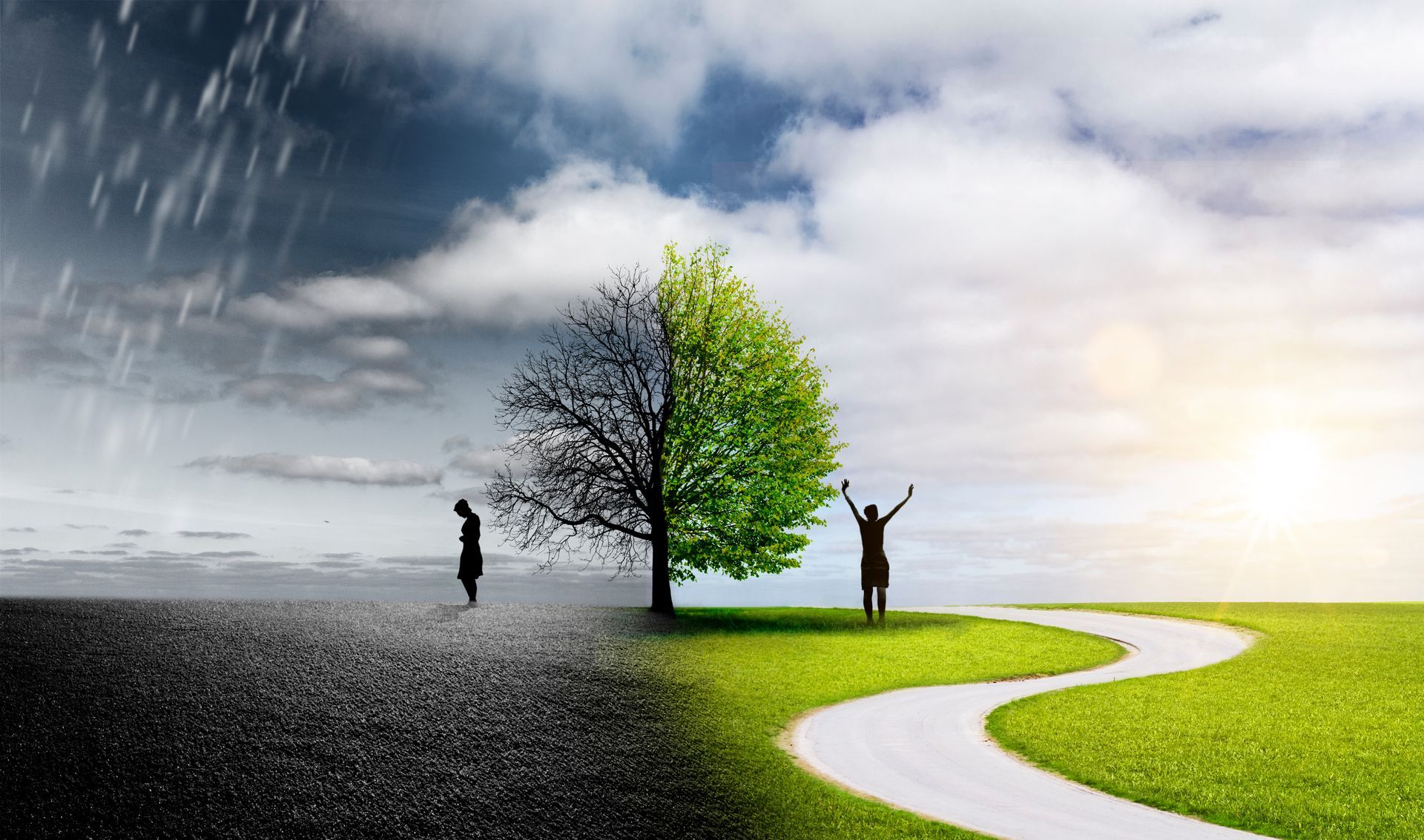 Silhouette d'une femme dans un paysage avec différentes émotions - Sonia Bahouth psychologue, Cabinet Sagita