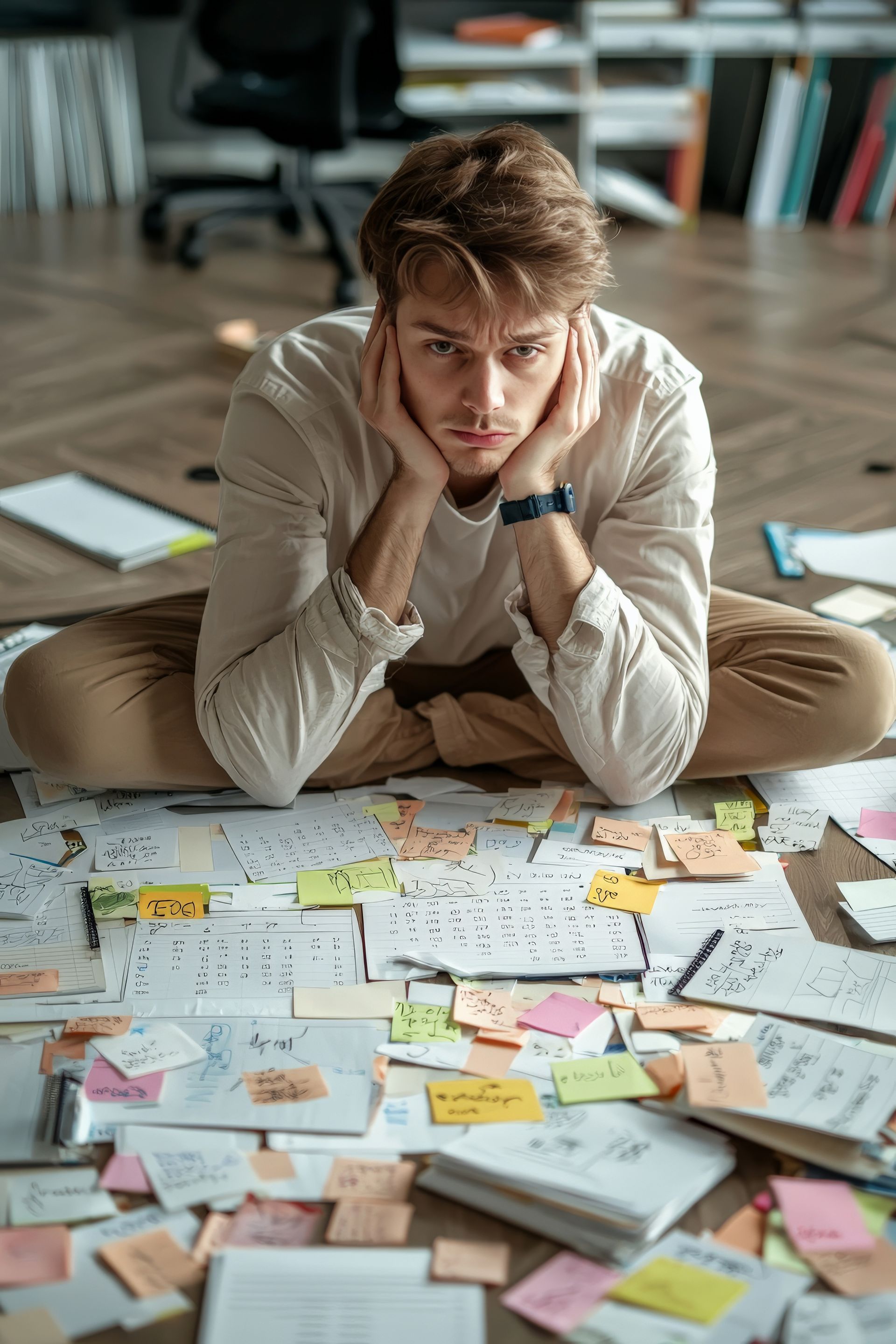 Jeune homme avec un air abattu, assis en tailleur devant des documents et des pense-bêtes - Sonia Bahouth psychologue, Cabinet Sagita