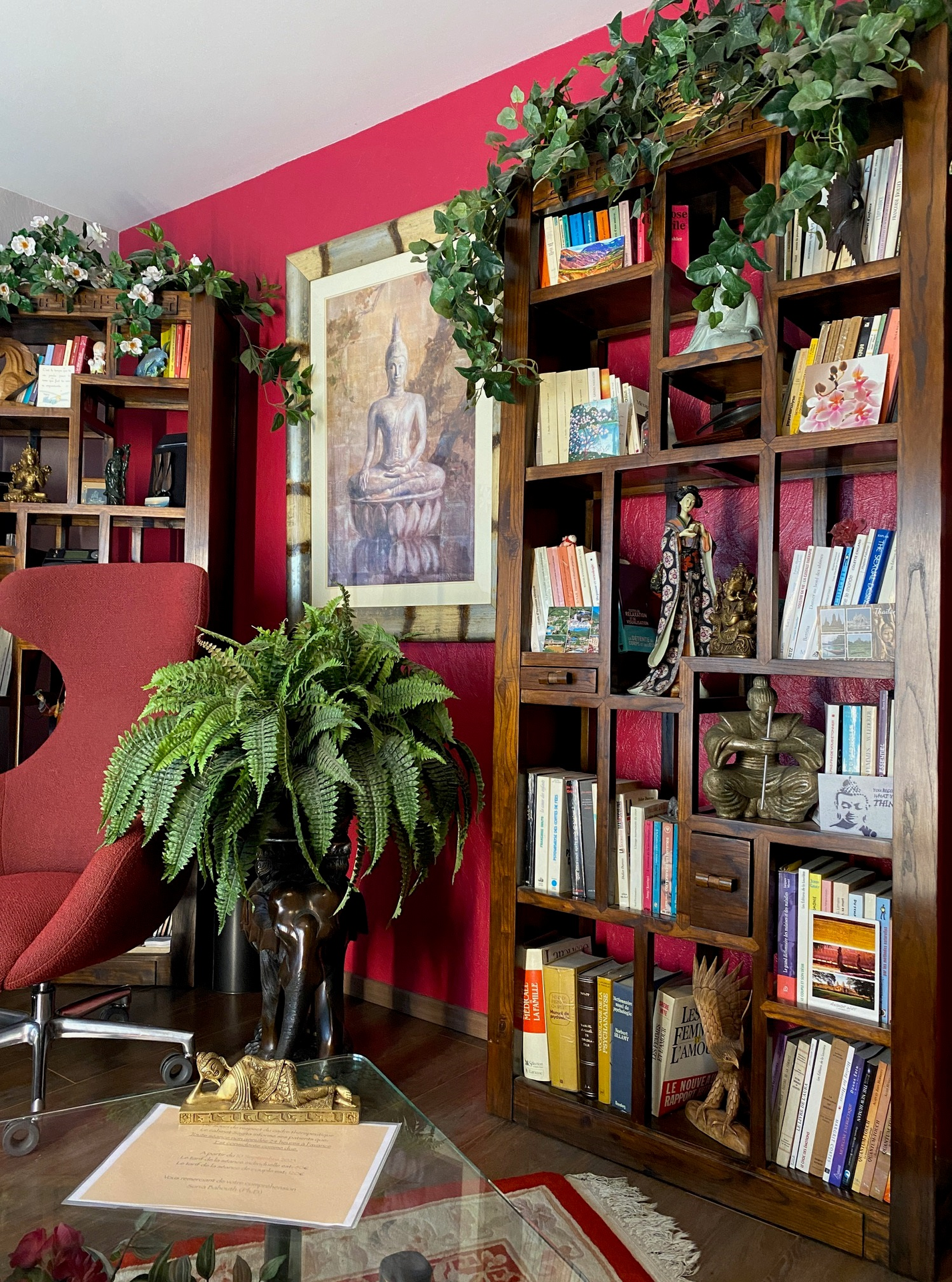 Bibliothèque devant un mur rouge, agrémentée de plantes vertes et décorations chinoises - Sonia Bahouth psychologue, Cabinet Sagita