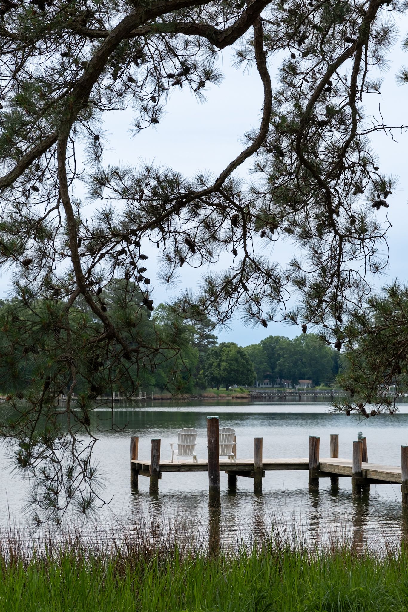 A dock in the middle of a lake with trees in the background.