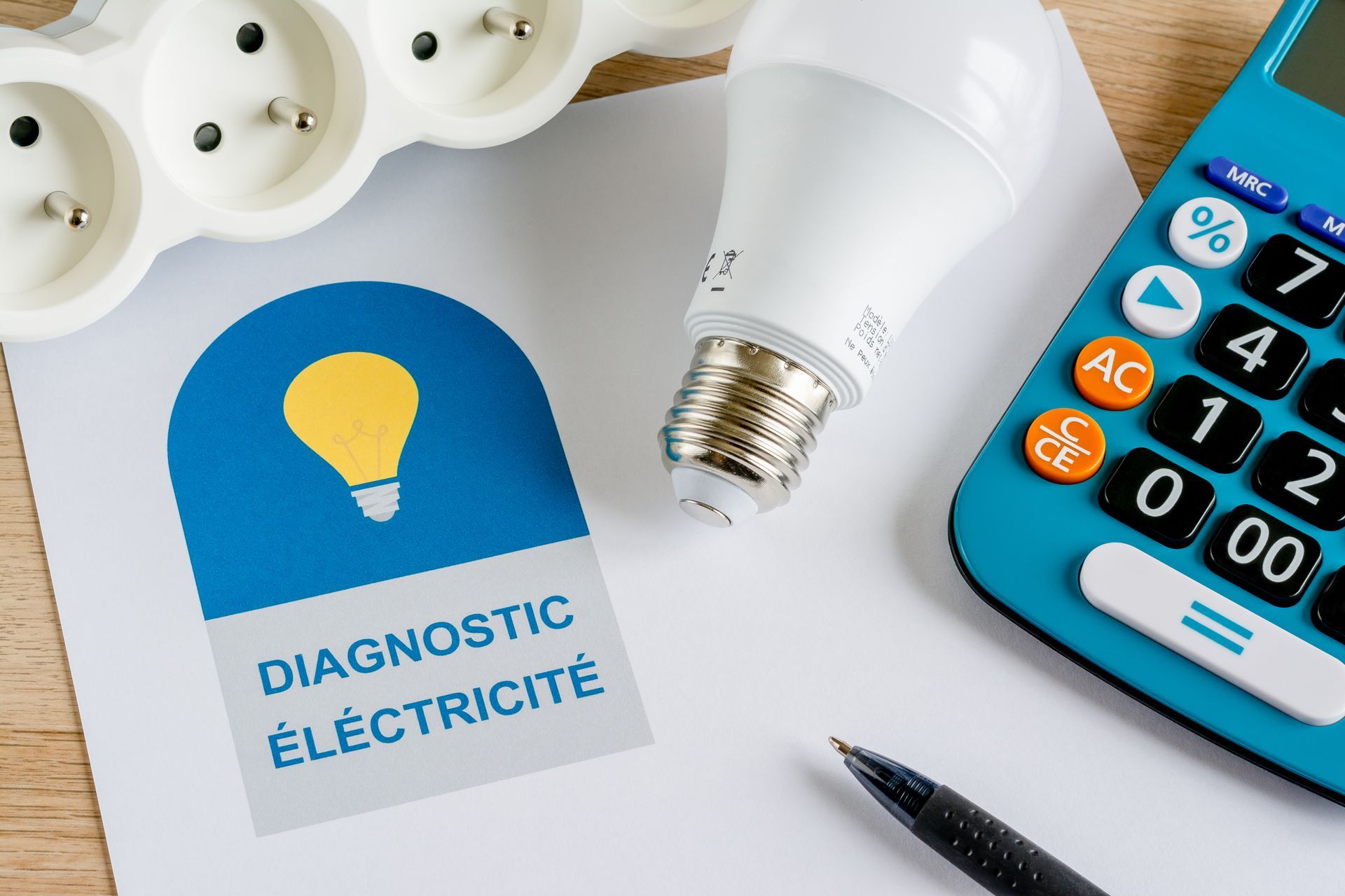 Logo du diagnostic électricité, ampoule et calculatrice