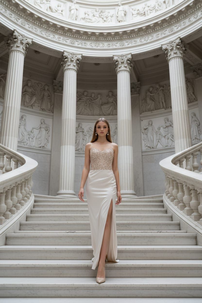 Vier Frauen in Abendkleidern posieren auf einer Treppe mit rotem Teppich und kariertem Boden.